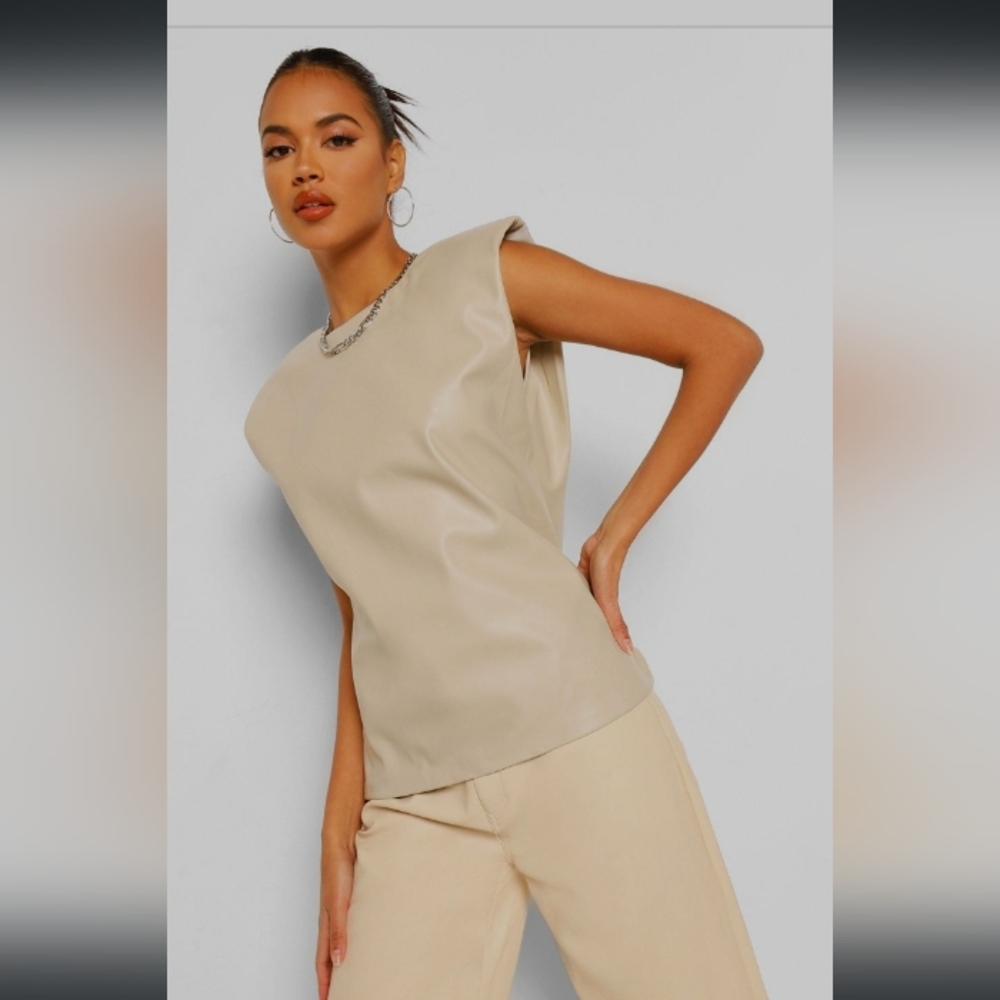 Faux Leather Shoulder Pad TShirt